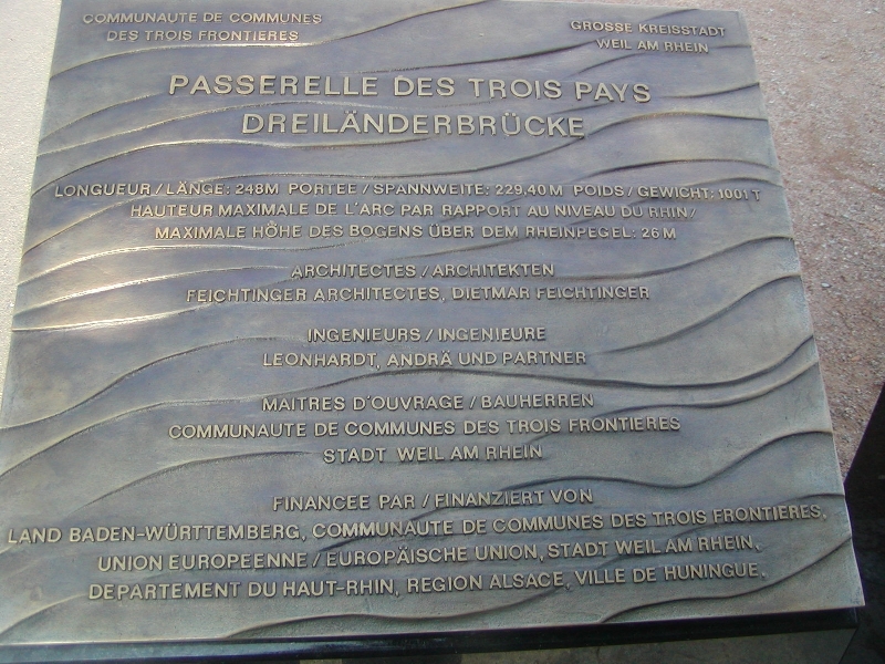 The plaquette of the bridge at the tripoint of Germany, France and Switzerland.